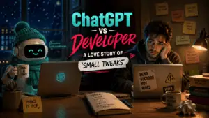 Developer stressed at laptop while AI suggests small tweaks in humorous scene