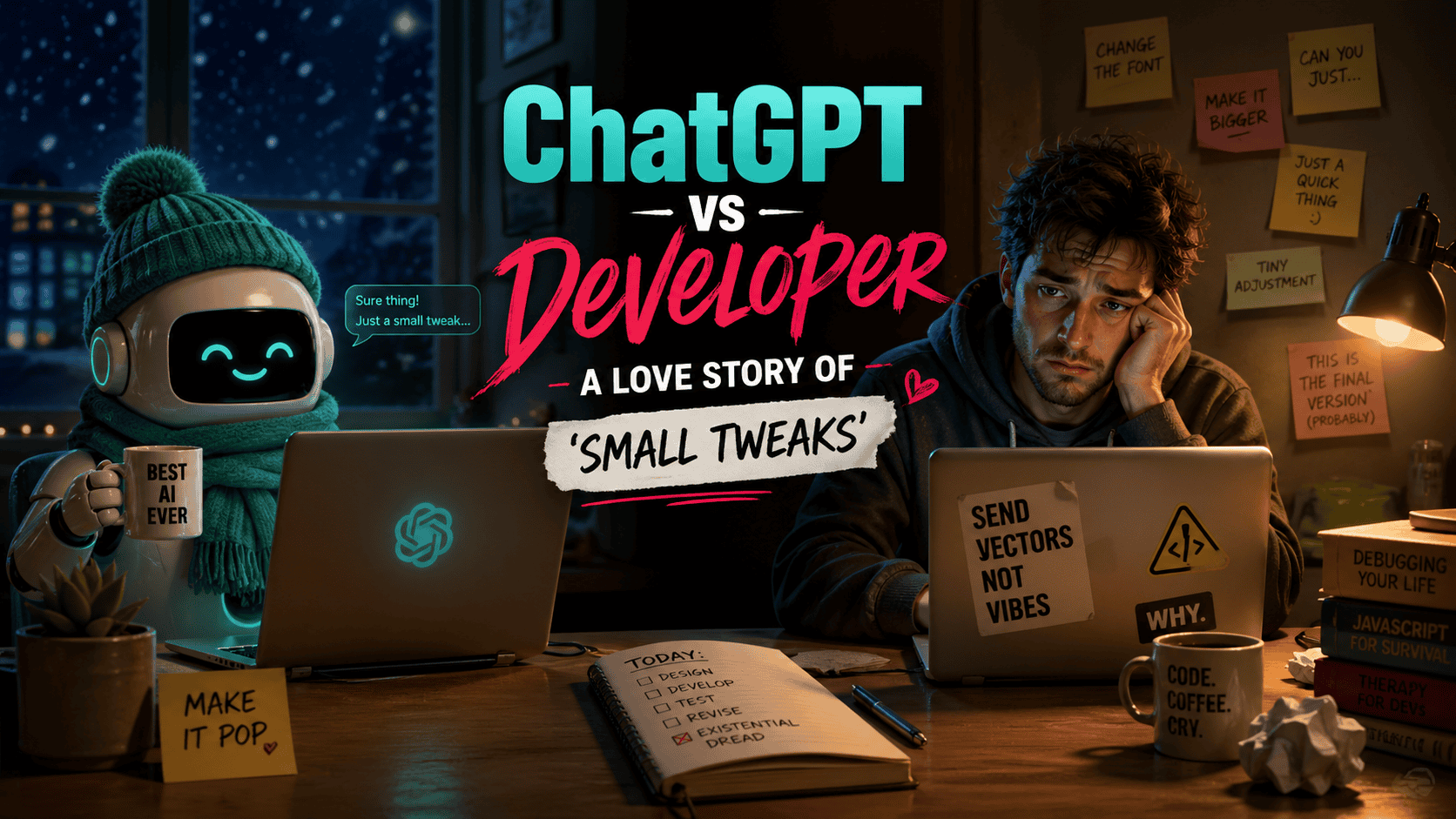 Developer stressed at laptop while AI suggests small tweaks in humorous scene