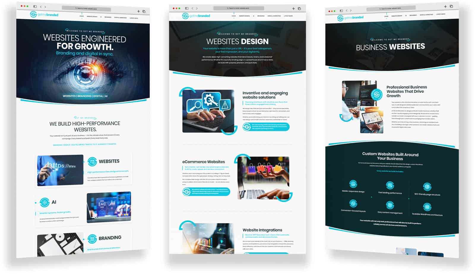Get Me Branded website design pages showing business website layouts