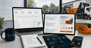 Desk setup with two screens showing ad analytics and a tablet ad dashboard on the side, in a marketing-themed office.