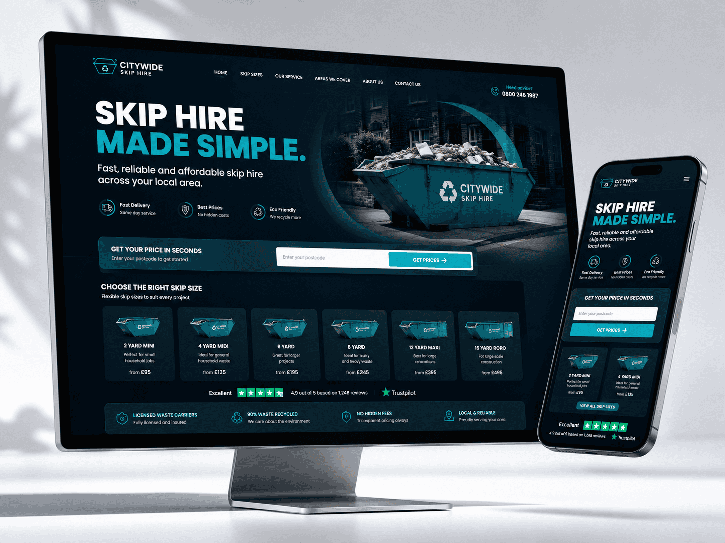 Skip hire PPC landing page mockup showing a postcode quote form, mobile view and conversion tracking panels.