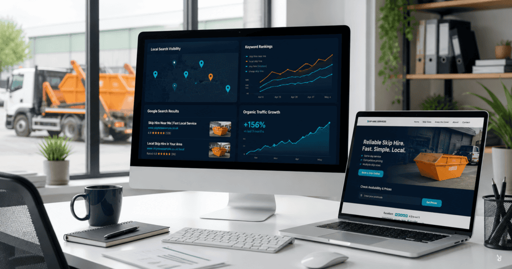 Skip hire SEO dashboard showing local search visibility, keyword rankings and organic traffic growth.