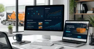 Skip hire SEO dashboard showing local search visibility, keyword rankings and organic traffic growth.