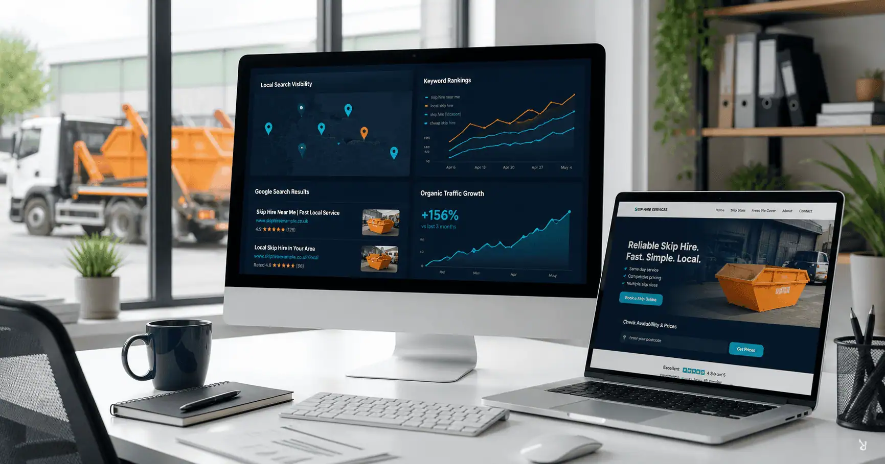 Skip hire SEO dashboard showing local search visibility, keyword rankings and organic traffic growth.