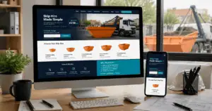 Modern skip hire website design shown on desktop and mobile with booking and postcode pricing features.