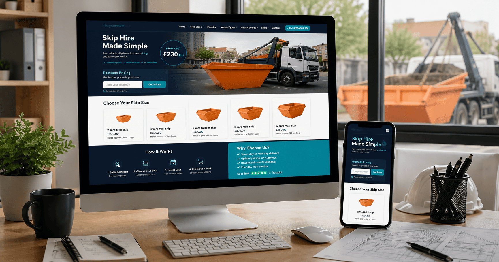 Modern skip hire website design shown on desktop and mobile with booking and postcode pricing features.