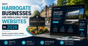Harrogate website design graphic showing business website growth and rebuild concept