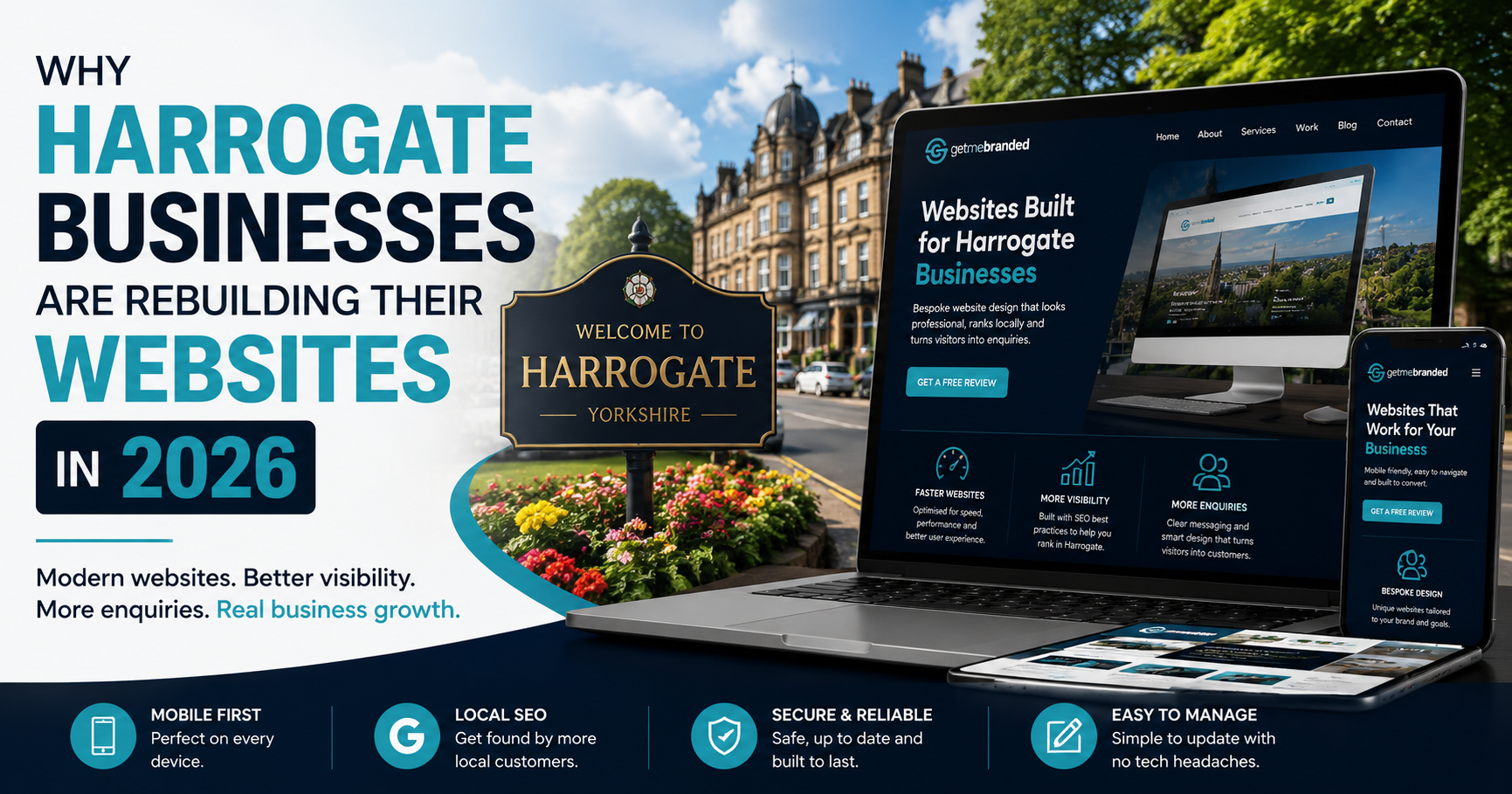 Harrogate website design graphic showing business website growth and rebuild concept